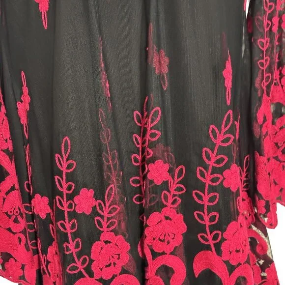 Black & Red Embroidered Long Sleeve Tunic Dress By Niza Size 38 Sheer Sleeve - Picture 5 of 12